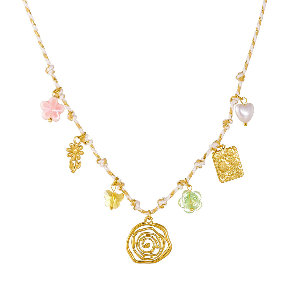 Sweet Gold Plated Stainless Steel Floral Heart Square Geometric Charm Bar Necklace for Women