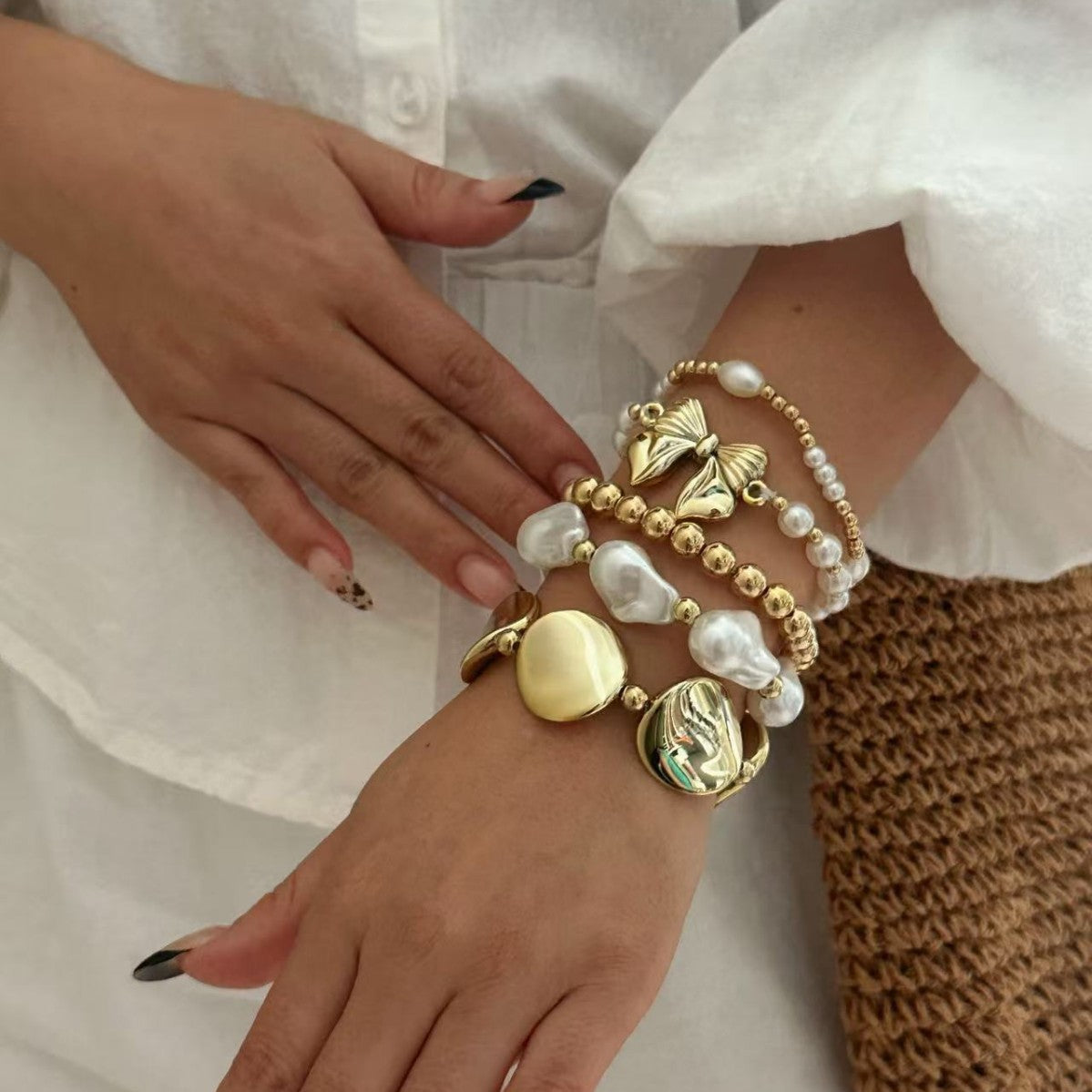 Casual Geometric Heart Bow Acrylic Beaded Bracelet Set with Pearl Elements