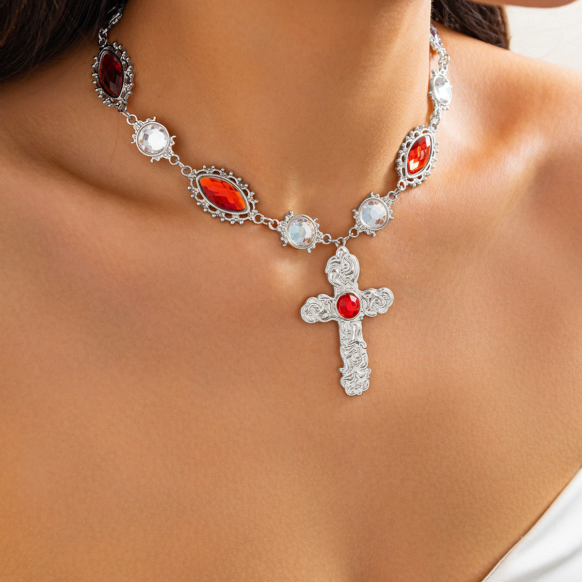 Vintage Cross Zinc Alloy Necklace with Red Gemstone Inlay for Women