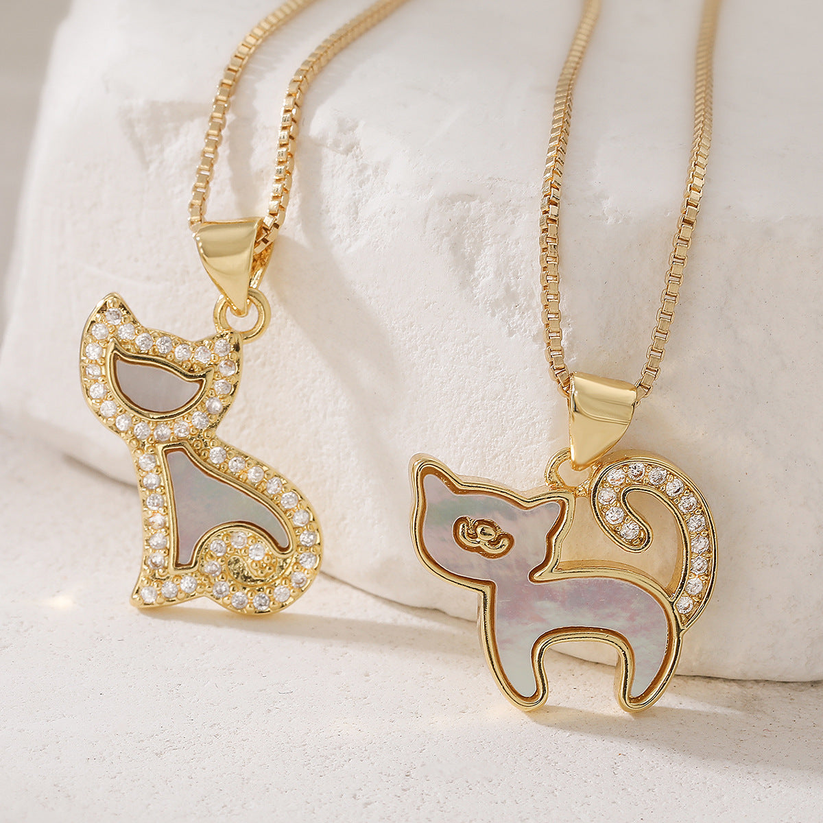 Minimalist Gold Plated Brass Cat Pendant Necklace with Cubic Zirconia for Women