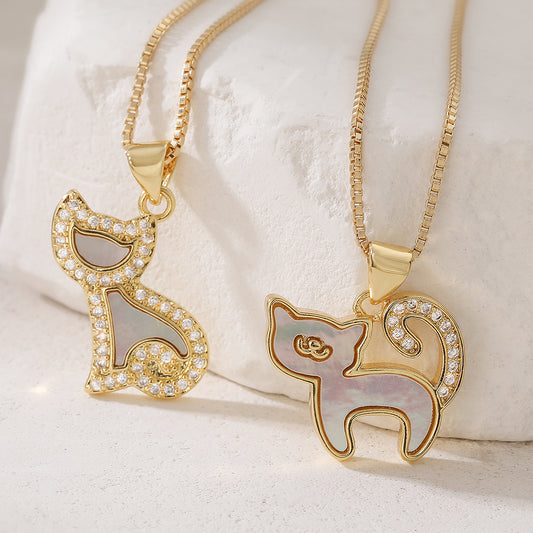 Minimalist Gold Plated Brass Cat Pendant Necklace with Cubic Zirconia for Women