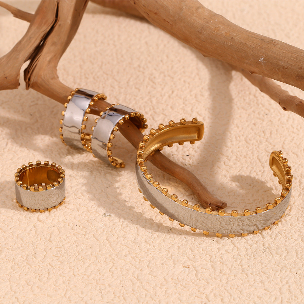 Elegant Business 18K Gold Plated Geometric Stainless Steel Bracelet Ring Earring Set for Women