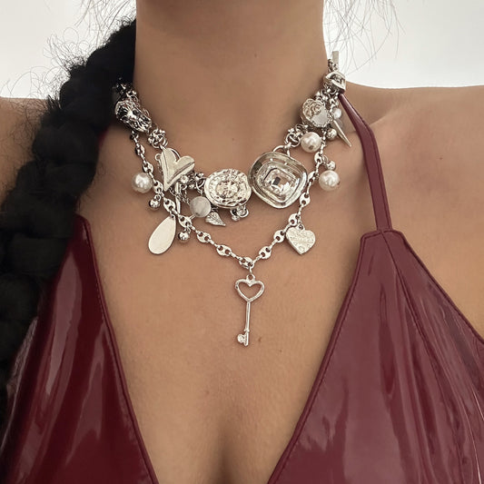 Sweet Cool Punk Hip-hop Heart Geometric Alloy Pendant Curb Chain Necklace for Unisex