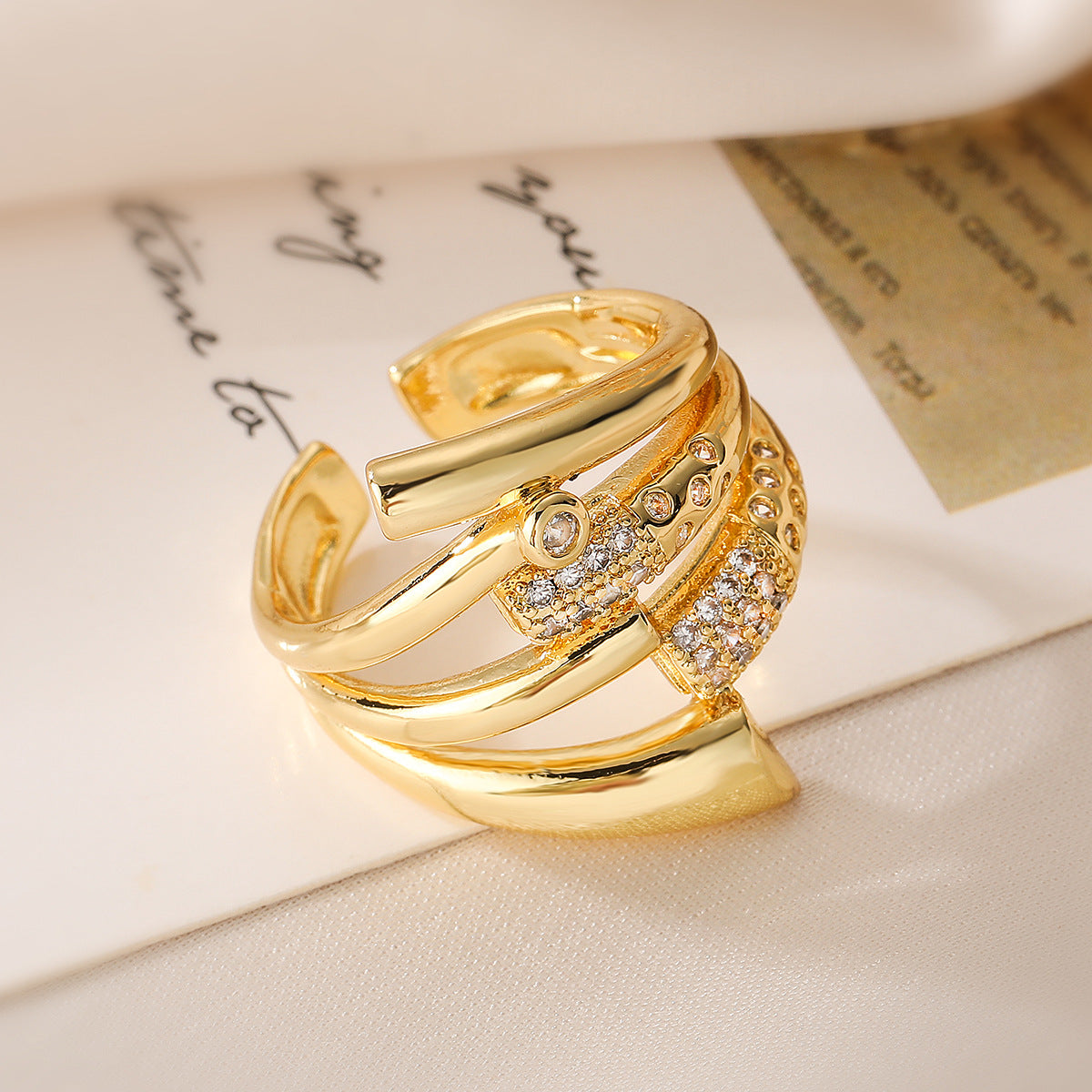 Minimalist Irregular Geometric Copper Ring with Real Gold Plating and Zircon Inlay for Women