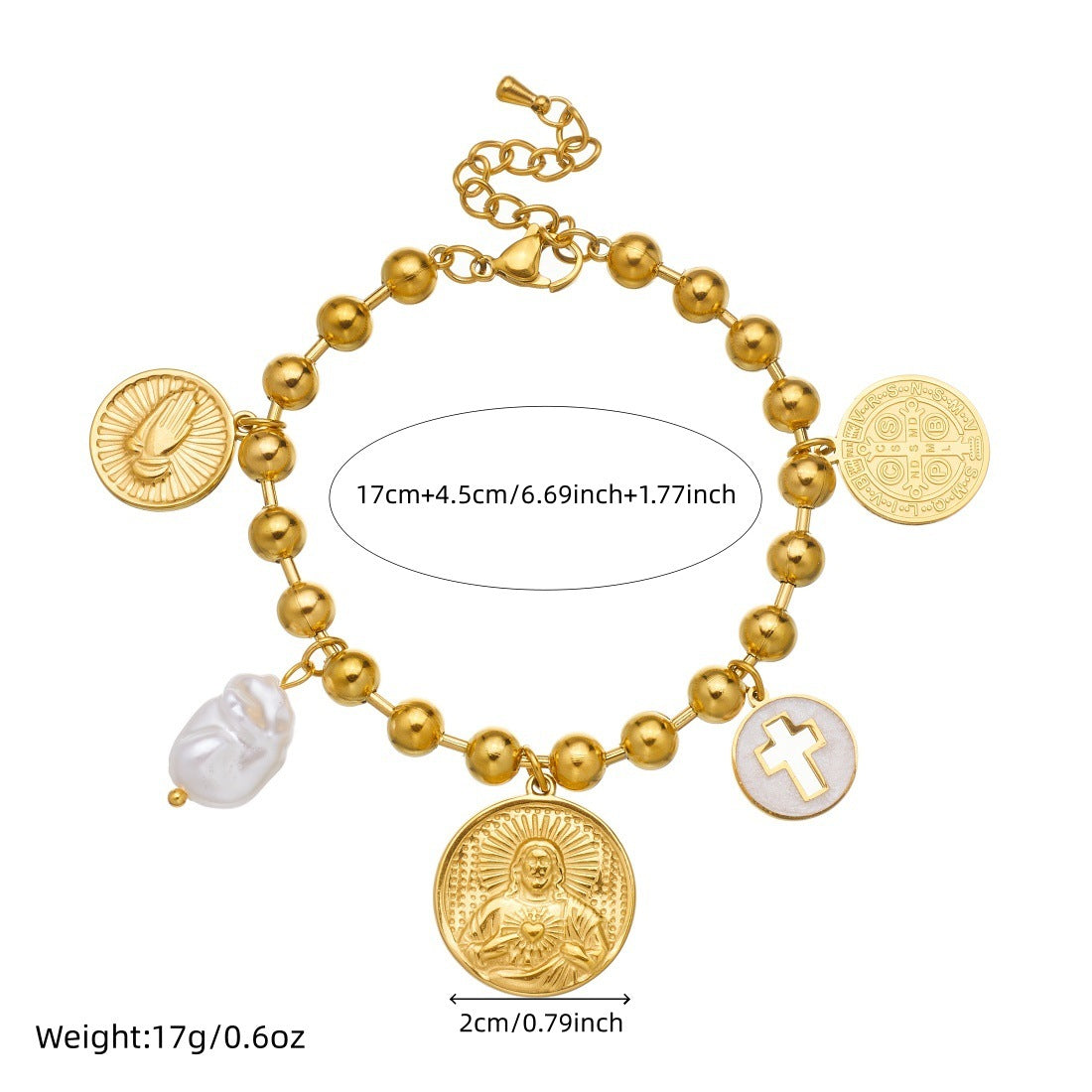 Vintage Gold Plated Stainless Steel Round Cross Relief Portrait Shell Pearl Necklace and Bracelet Set with Ball Chain