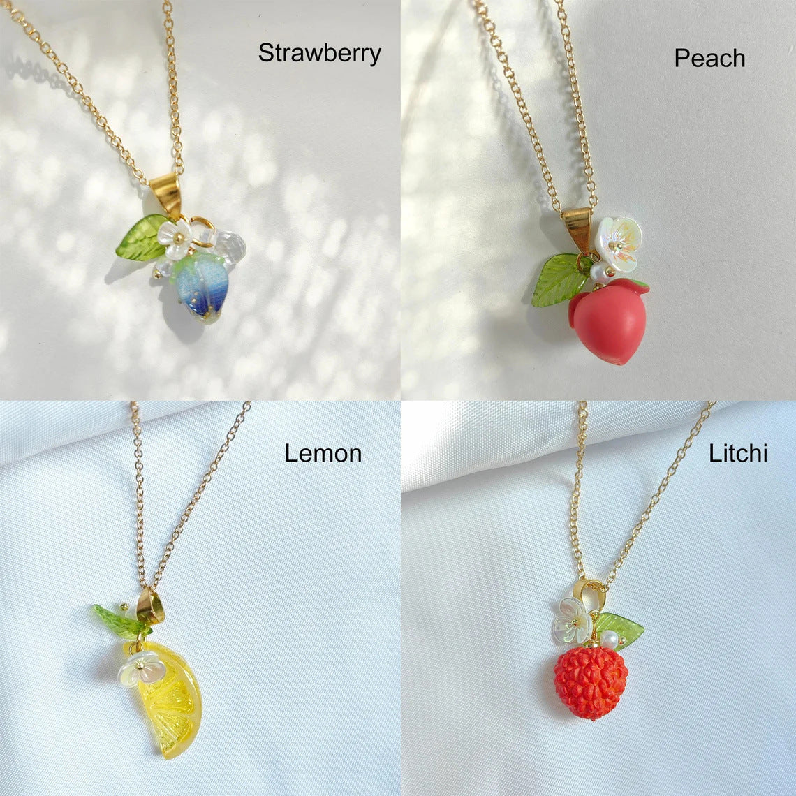 Colorful Fruit Grape Blueberry Lemon Lychee Peach Pendant Stainless Steel Necklace for Women