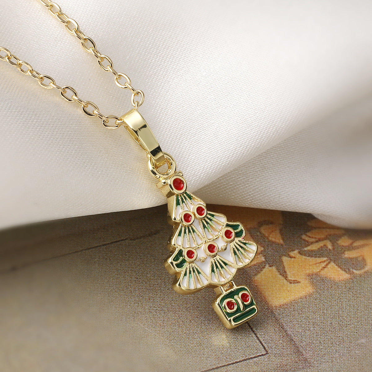 Casual Geometric Drip Oil Gold Plated Brass Christmas Tree Pendant Necklace for Women