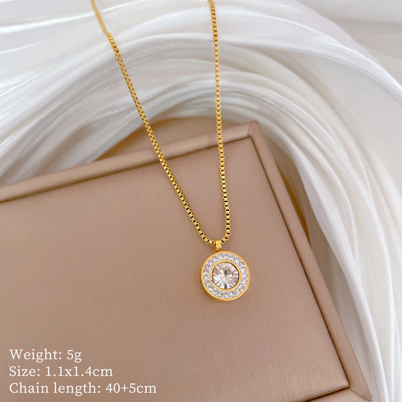 Minimalist Geometric Titanium Steel Collar Chain with Rhinestone Inlay Floral Pendant