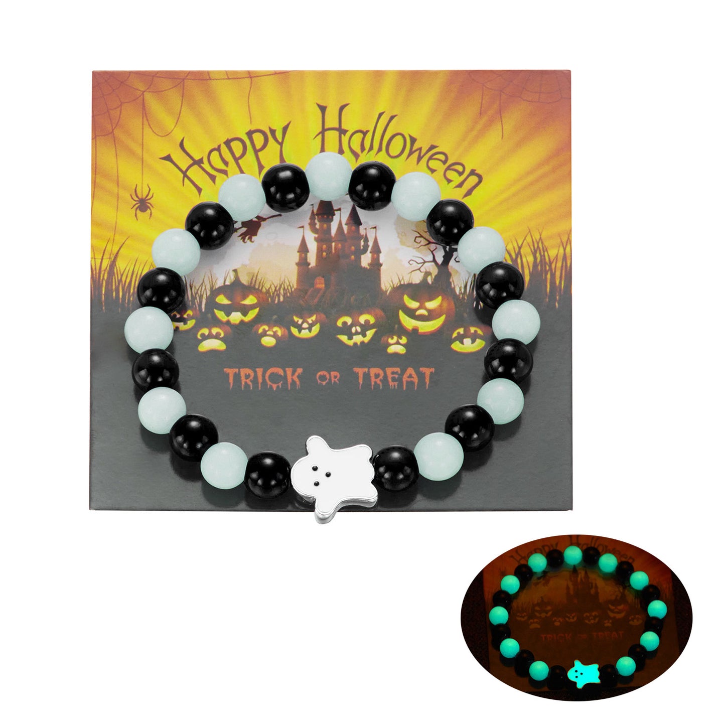 Pulsera de aleación con cuentas de calabaza y fantasma que brillan en la oscuridad para Halloween, con estilo lindo y atrevido para hombres y mujeres