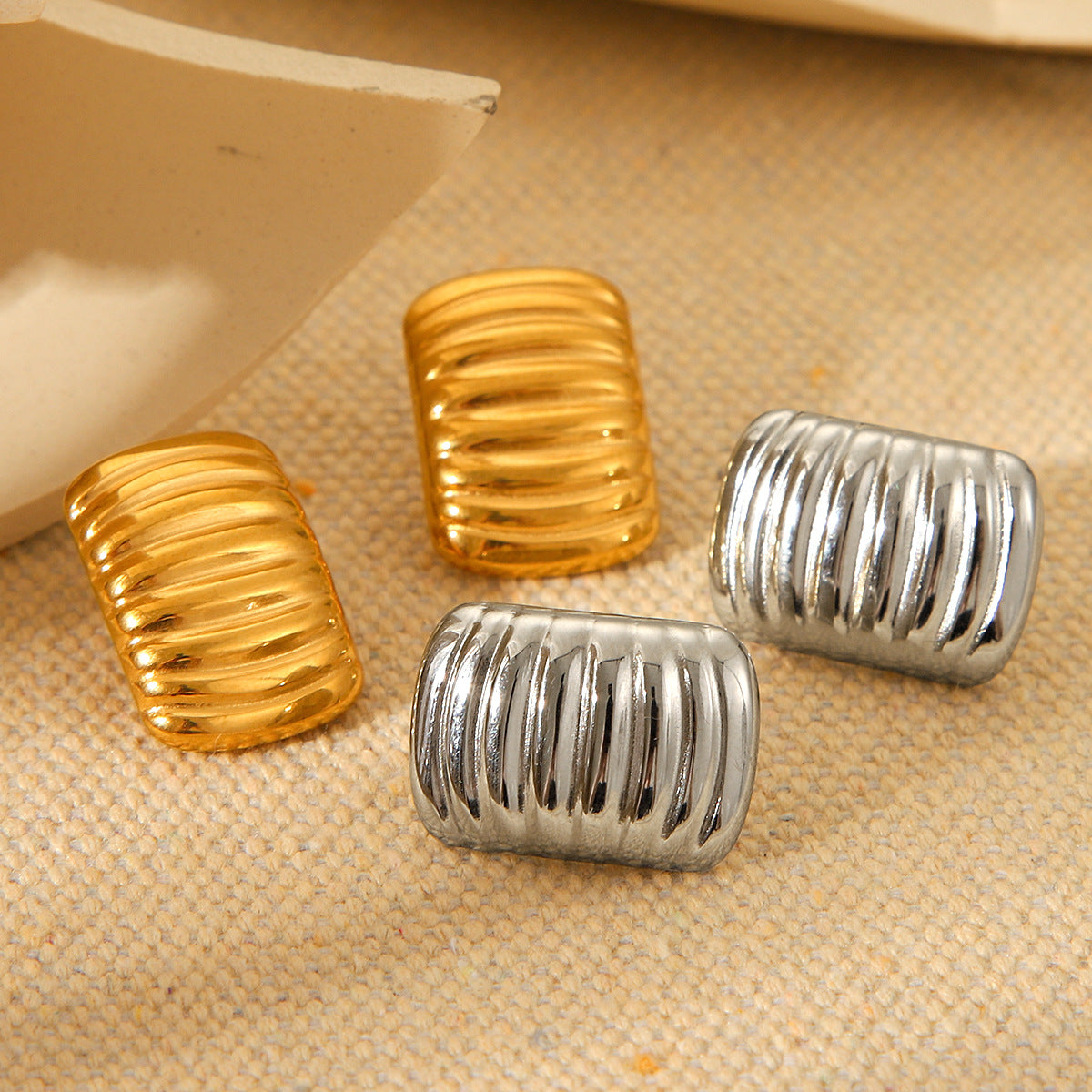 Minimalist Wave-Shaped Titanium Steel Earrings with 18K Gold Plating for Women, Geometric Square Stripe Design, Hypoallergenic Stainless Steel Posts