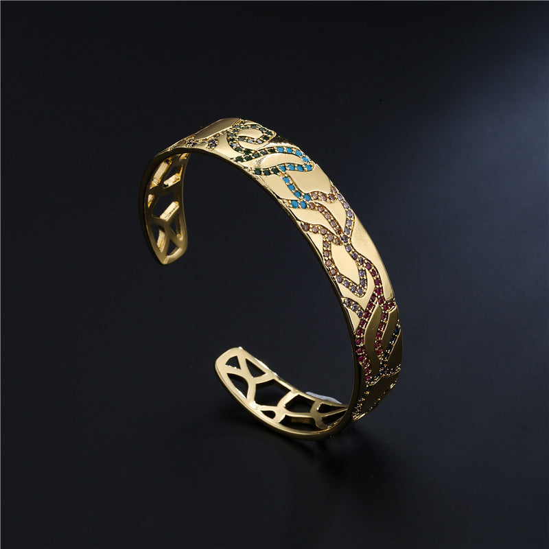 Geometric Brass Micro-Inlaid Cubic Zirconia Gold Plated Open Cuff Bracelet
