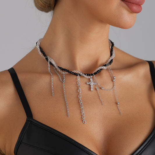 Gothic Streetwear Black and White Two-Tone Geometric Cross Alloy Pendant Necklace for Women