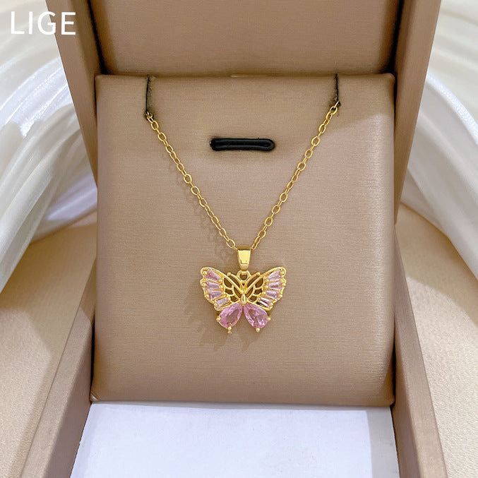 Sweet Minimalist Butterfly Rhinestone Titanium Steel Necklace for Unisex