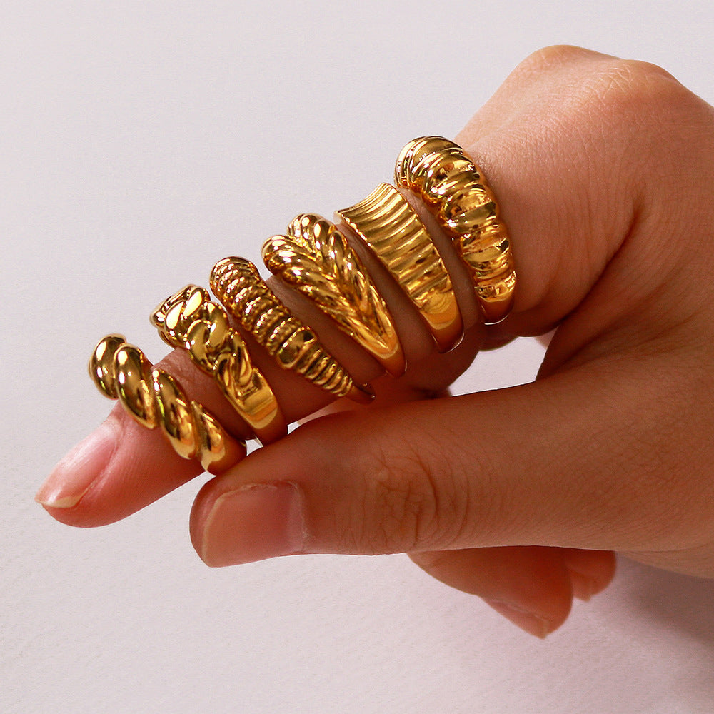 Vintage INS Style Geometric Textured Woven Stainless Steel Ring with 18K Gold Plating for Women and Men