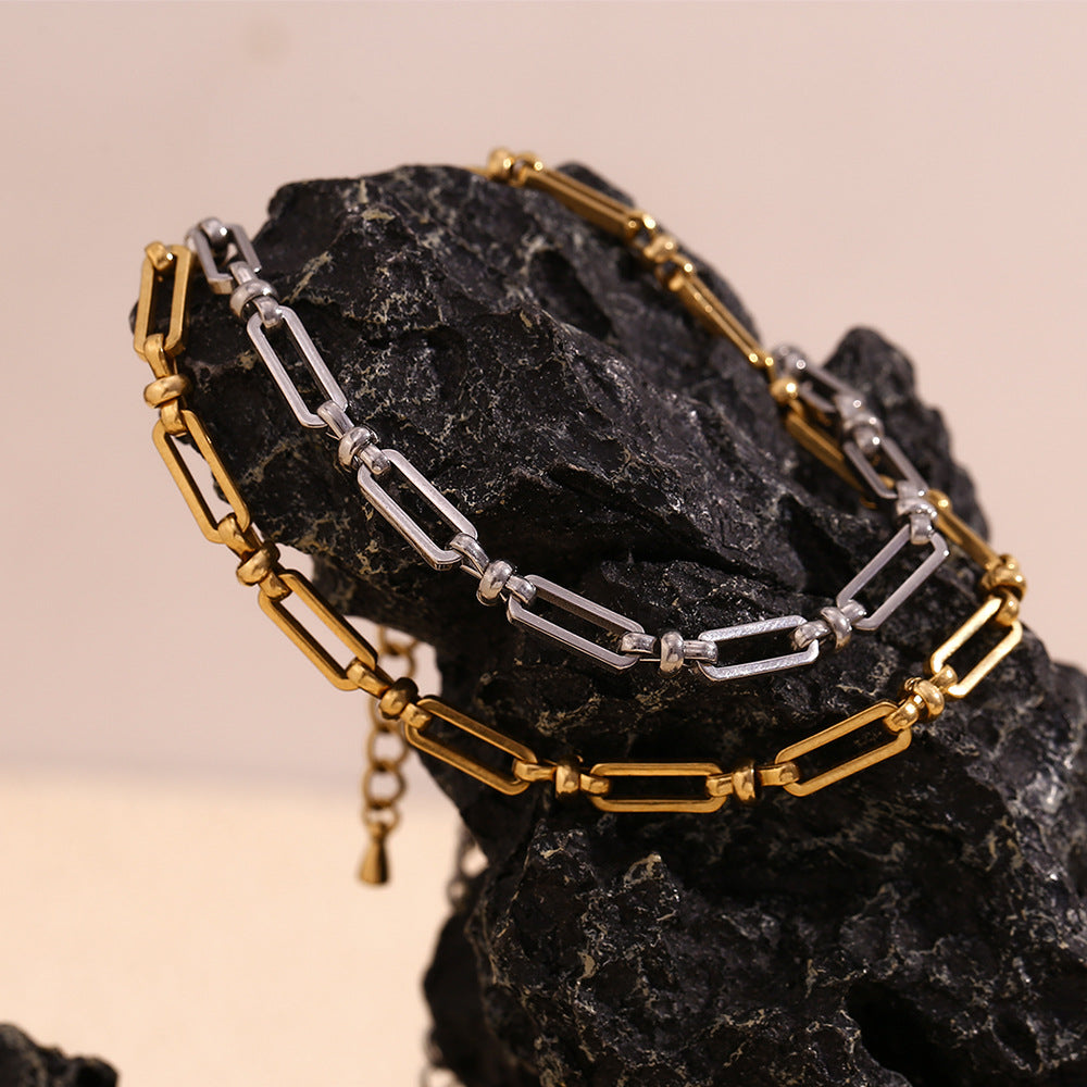 Cavigliera Minimalista Retrò Geometrica in Acciaio Inossidabile con Spilla da Balia e Chiusura a Croce Placcate Oro 14K da Donna