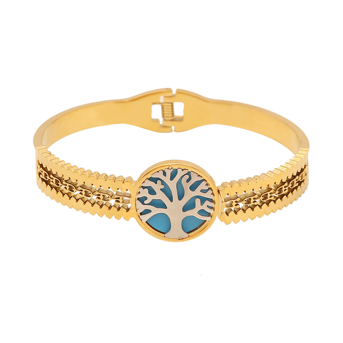 Bracciale rigido minimalista "Albero della Vita" con design floreale e ancora in acciaio inossidabile placcato oro