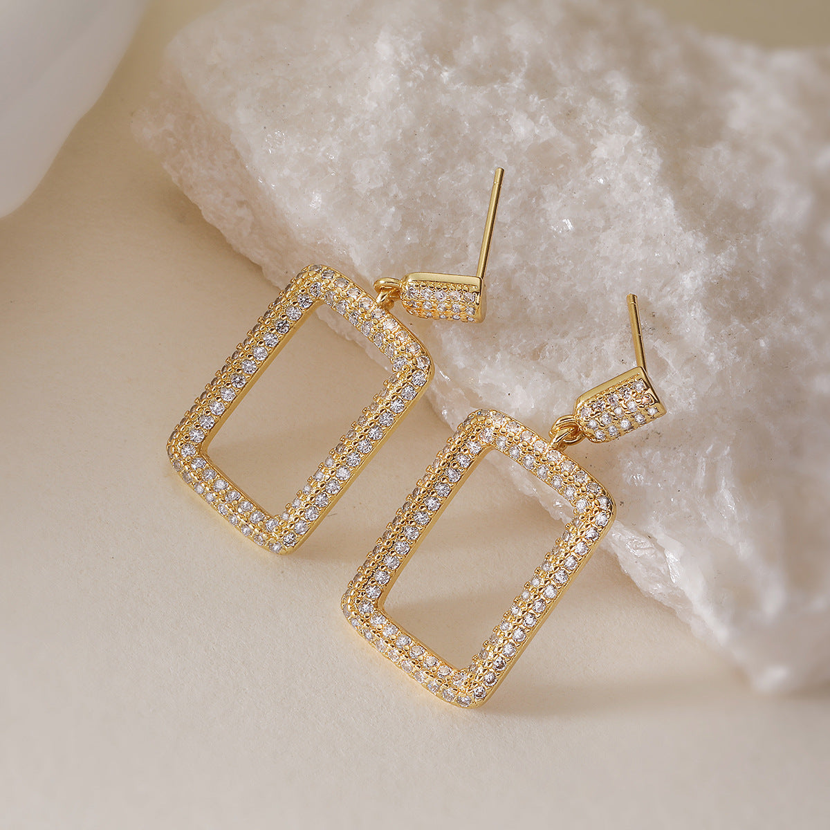 Minimalist Geometric Copper Earrings with 18K Gold Plating and Zircon Inlay for Women