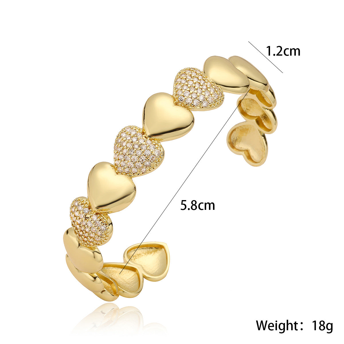 Minimalist Luxury 18K Gold Plated Brass Heart Cuff with Cubic Zirconia for Women