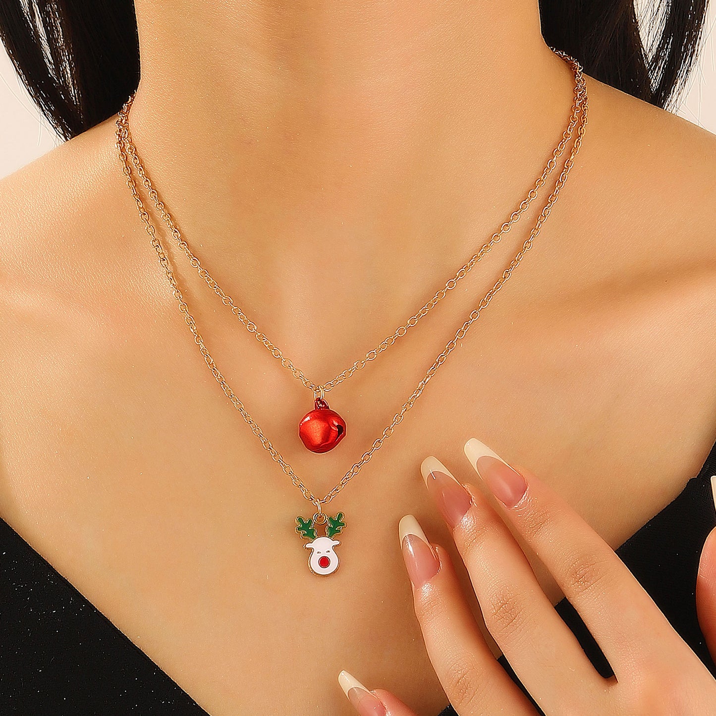 Collana a doppio strato in lega stile Ins con ciondolo Renna e Campanella di Natale per Donna, Gioielli per Feste Natalizie