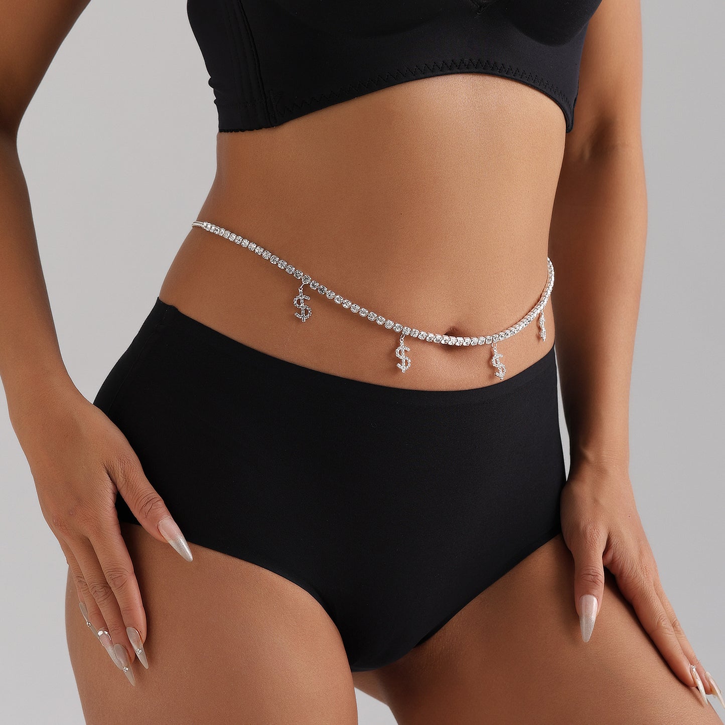Hip-hop Punk Rhinestone Curb Chain Waist Belt for Women