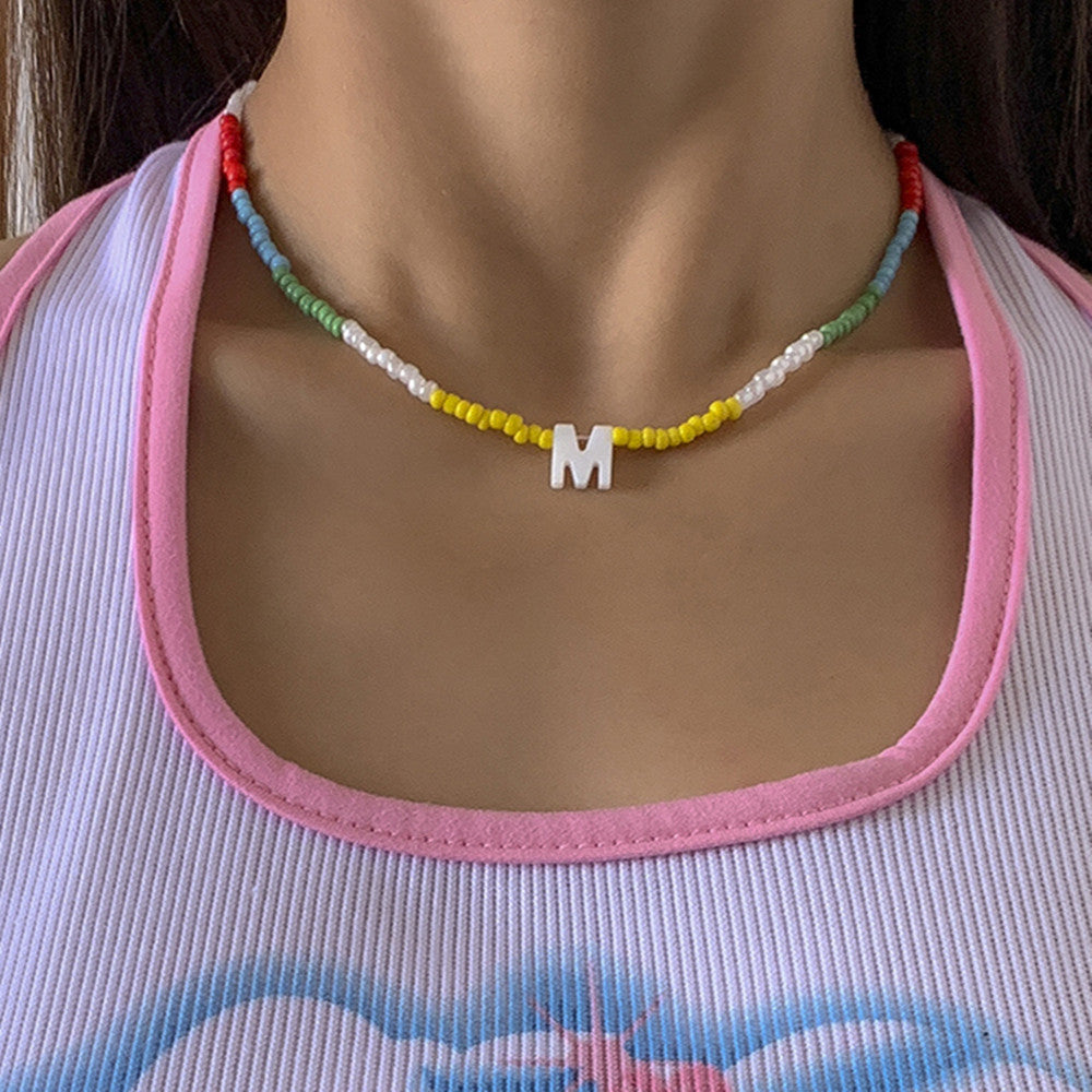 Bohemian Vintage Ethnic Geometric Letter Resin Beads Snake Chain Necklace for Women