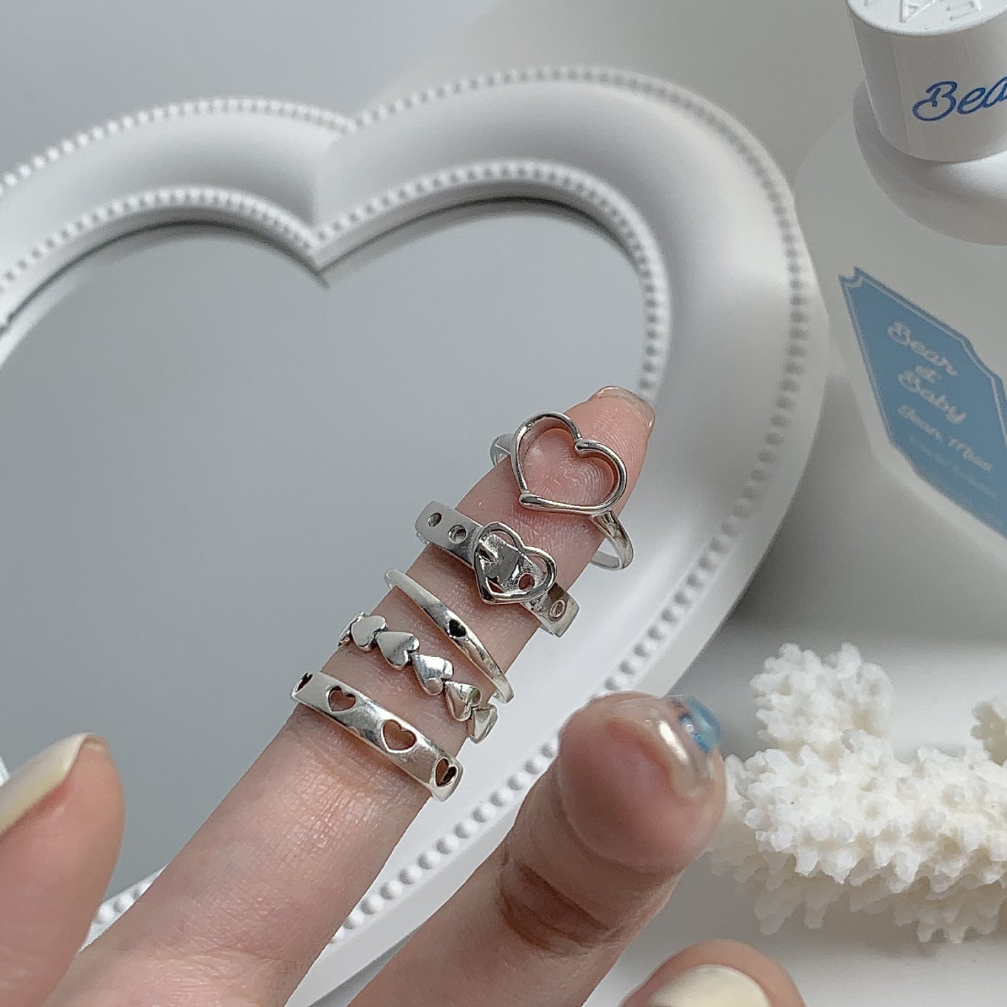 Minimalist Sweet Heart Geometric Plated Alloy Ring Set for Women