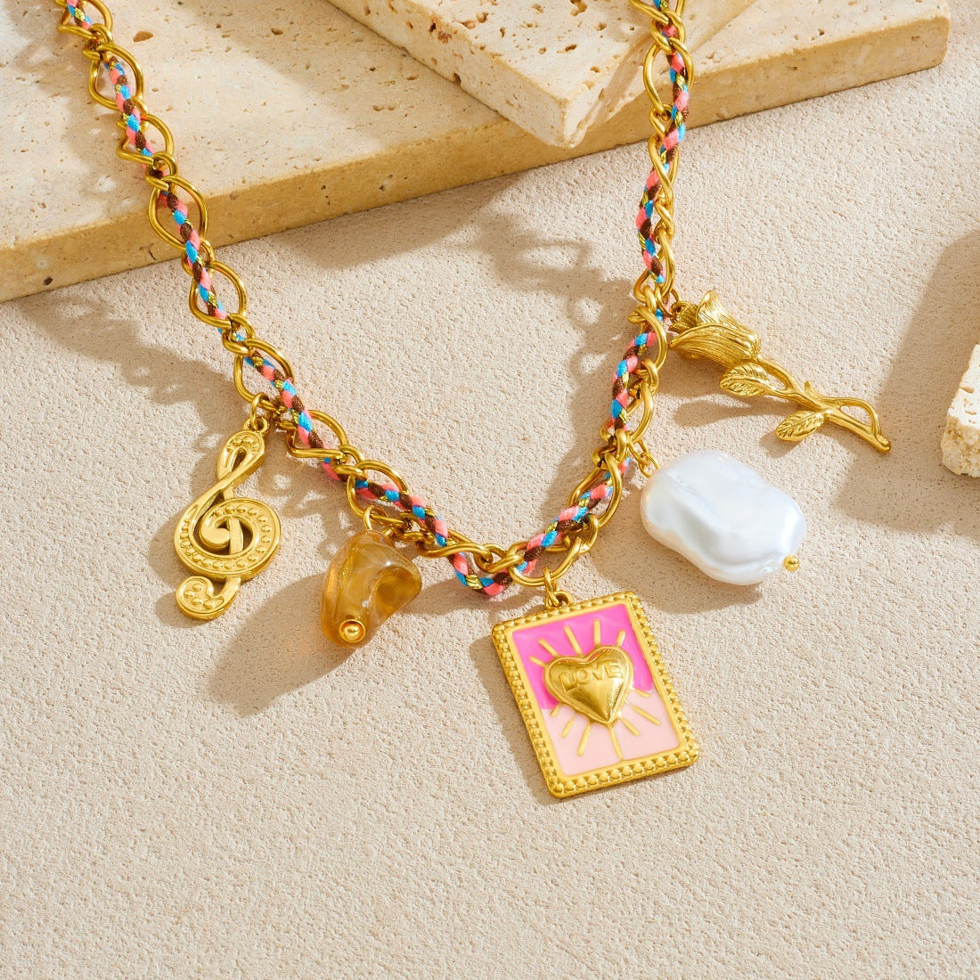 Sweet Streetwear Gold Plated Stainless Steel Heart Square Musical Note Pearl Pendant Necklace