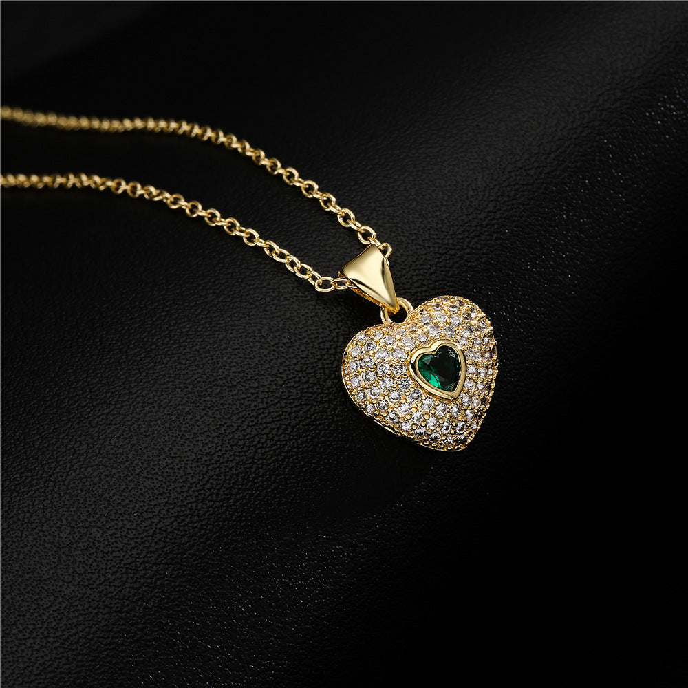 Gold Plated Brass Micro-Inlaid Cubic Zirconia Heart Geometric Pendant Necklace with Cable Chain