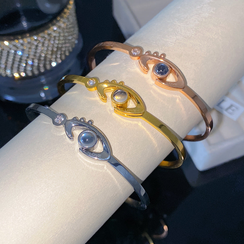 Rose Gold Plated Titanium Steel Evil Eye Projection Bracelet with 100 Languages I Love You Message Open Cuff