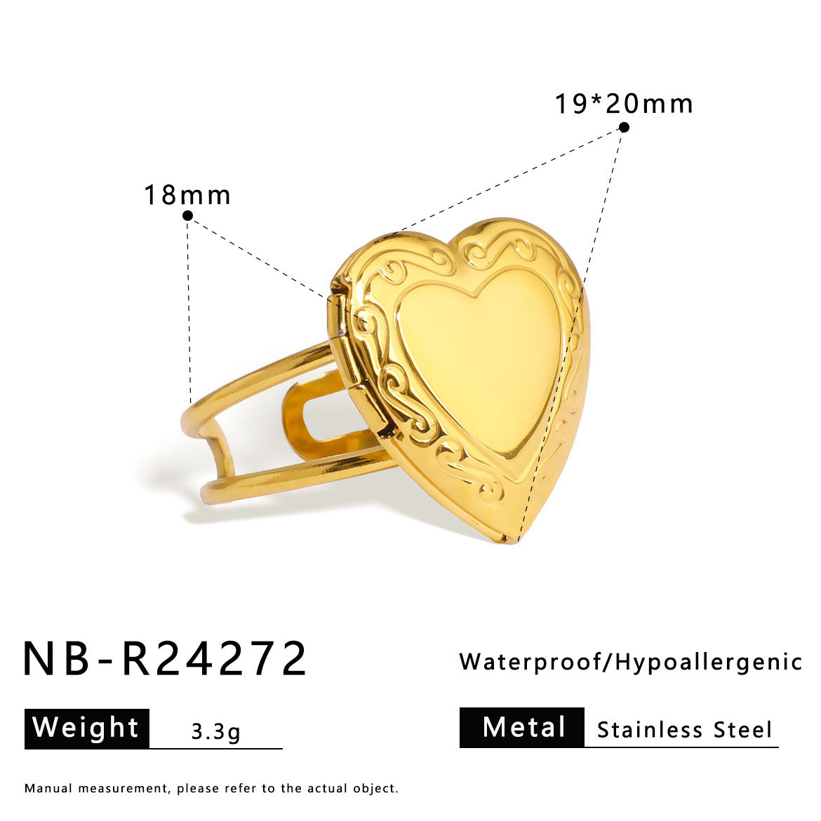 Geometric Heart Shaped Titanium Steel Plated Locket Ring DIY Photo Charm Bar Open Adjustable Unisex