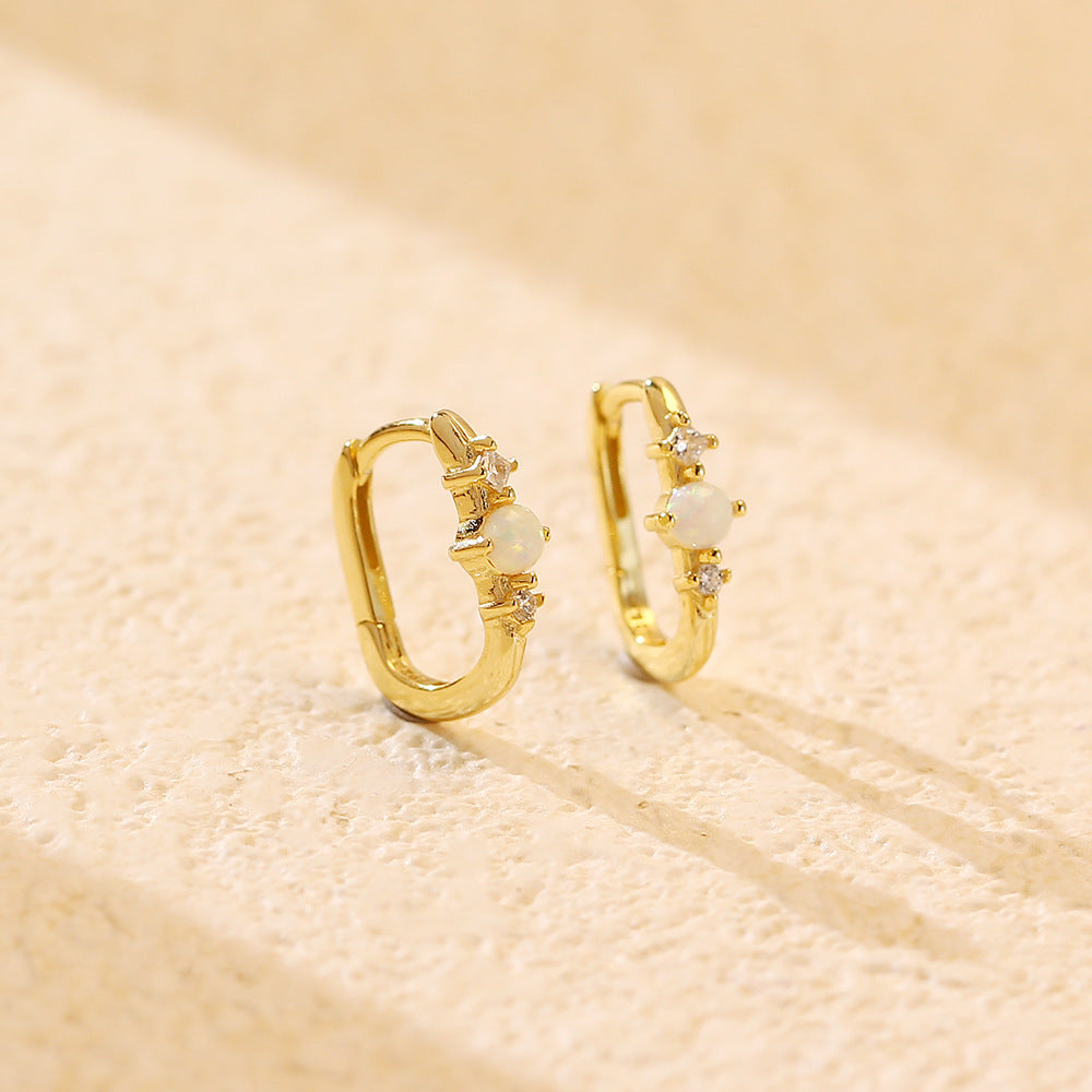 Pendientes de Aro Rectangulares de Plata de Ley 925 con Ópalo, Elegantes y Minimalistas para Mujer