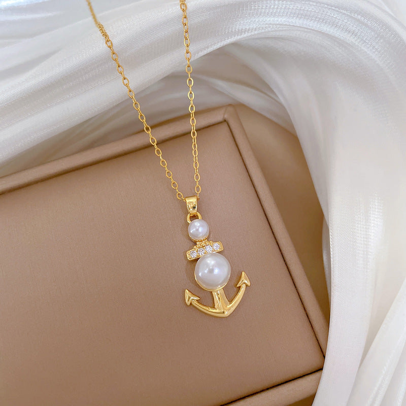 Minimalist Anchor Pendant Necklace in Titanium Steel with Pearl Accents for Women and Men