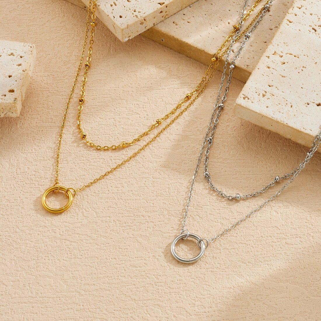 Minimalist Gold Plated Round Geometric Stainless Steel Layered Ball Chain Necklace for Women