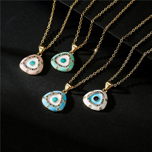 Elegant Geometric Drip Oil Brass Micro-Inlaid Cubic Zirconia Evil Eye Pendant Necklace for Women with Cable Chain