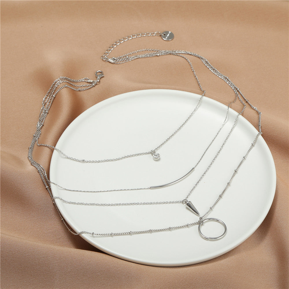 Fashion Geometric Moon Pendant Alloy Plated Necklace with Rivets Multi-layer Cable Chain for Unisex