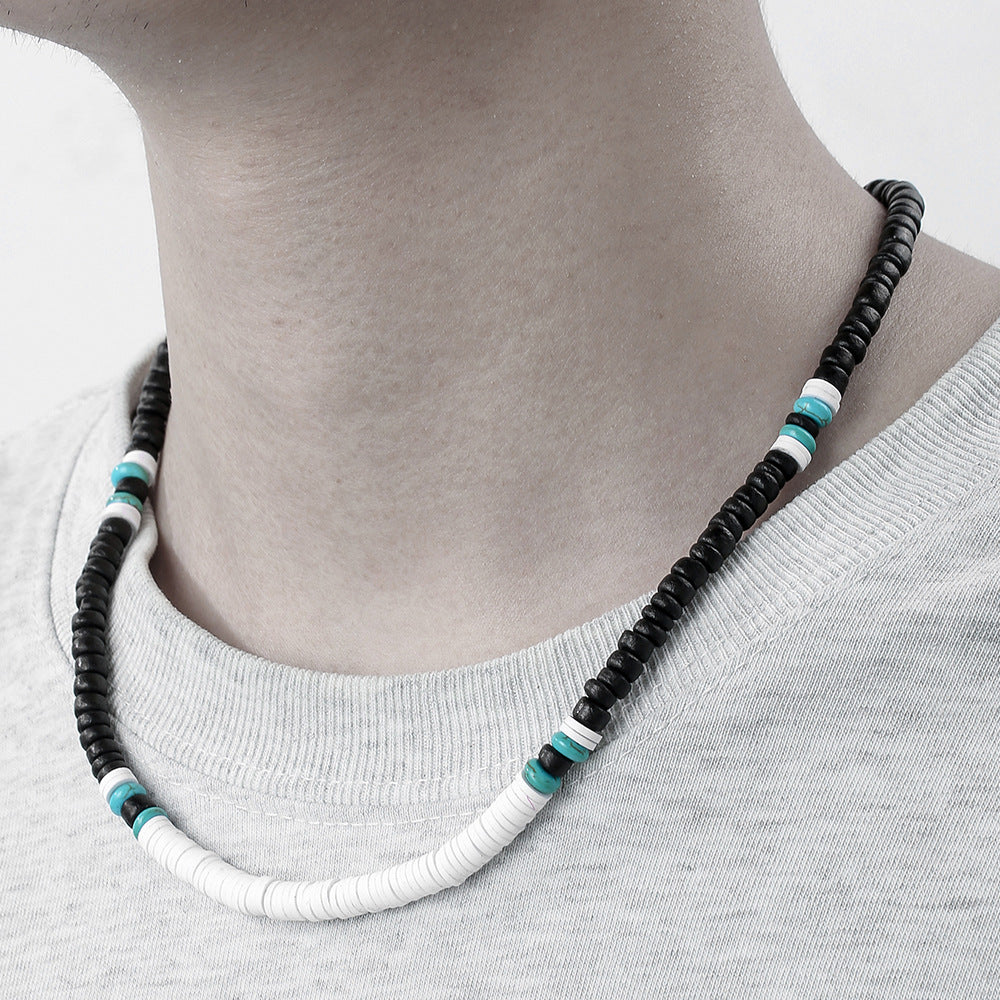 Unisex Handmade Geometric Coconut Shell and Turquoise Beaded Necklace