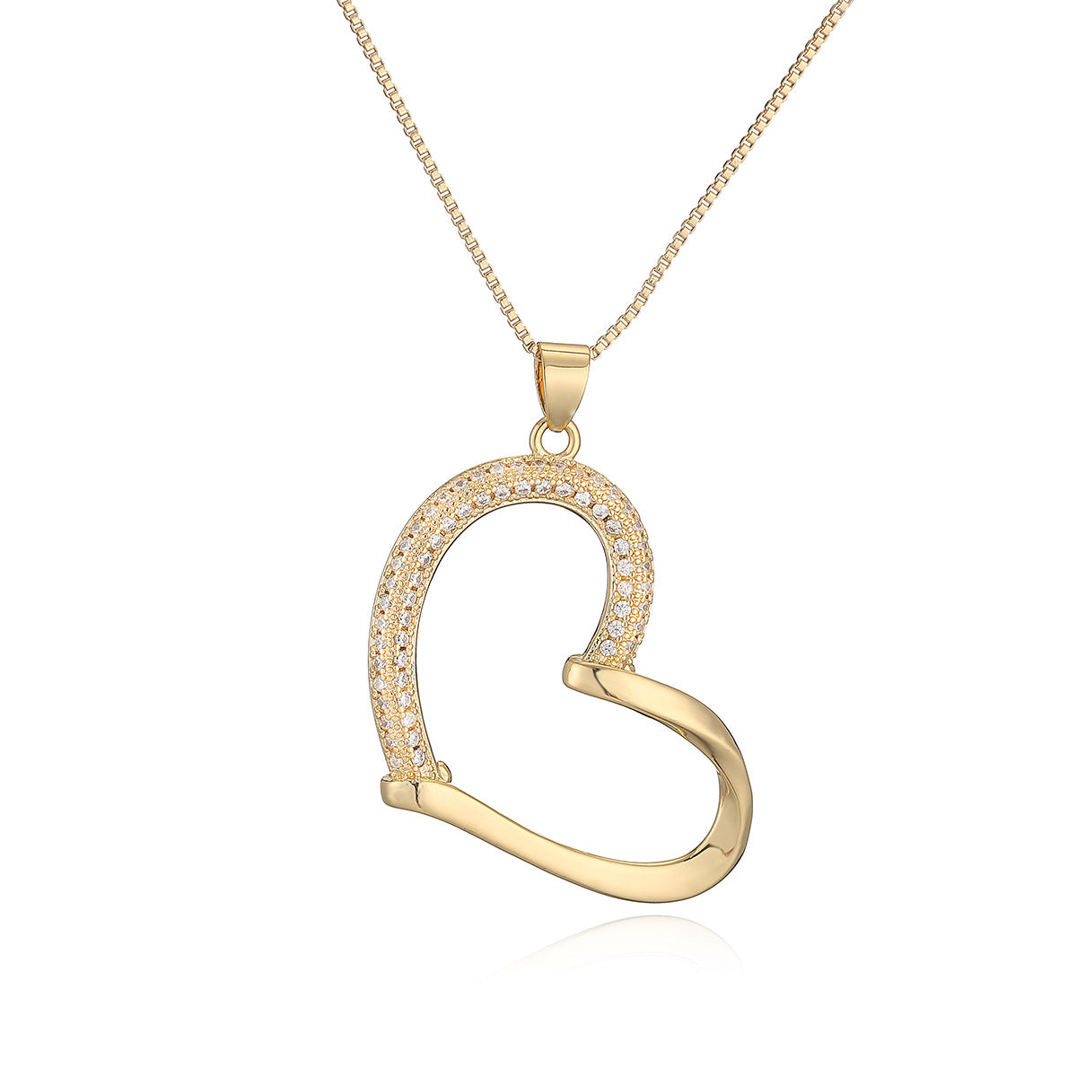 Minimalist 18K Gold Plated Brass Hollow Heart Cubic Zirconia Pendant Necklace for Women
