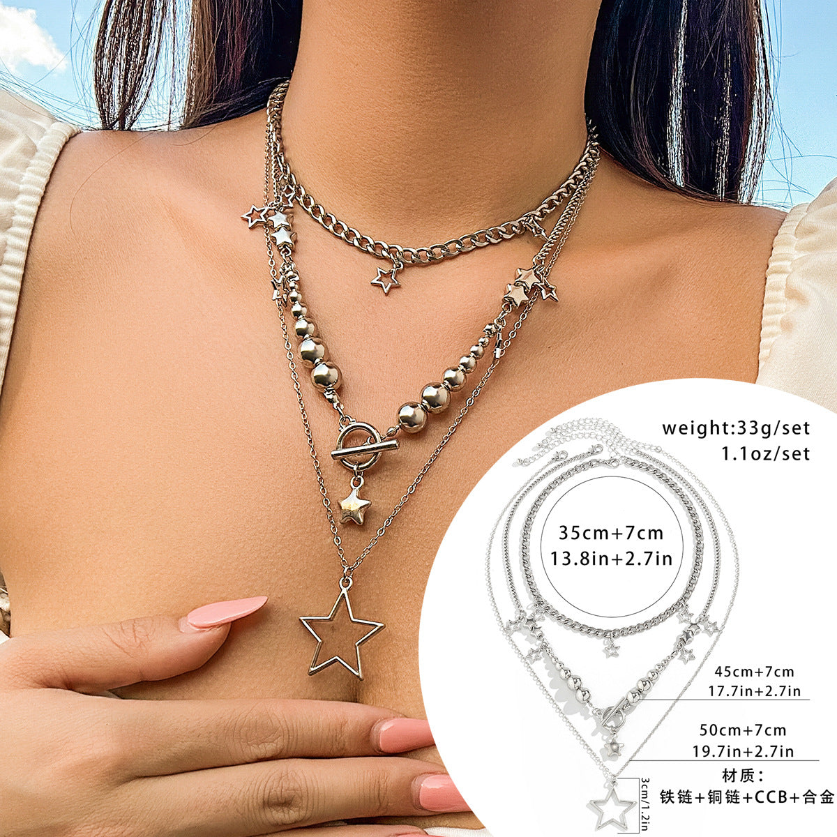 Collana pendente a forma di stella tagliente con nappe da donna, con struttura in lega di zinco e finitura galvanizzata su catenina a sfere