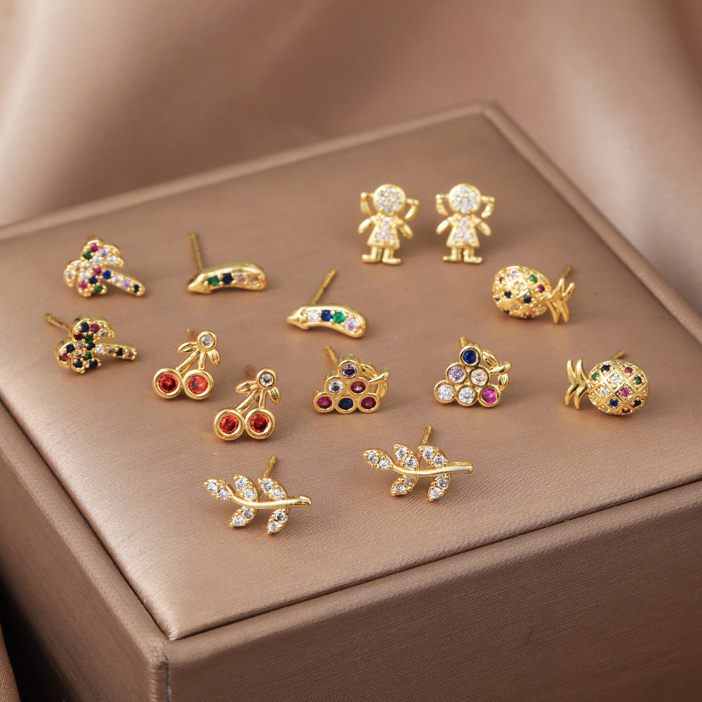 Geometric Plant Brass Inlaid Cubic Zirconia Stud Earrings for Women