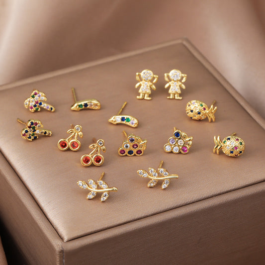 Geometric Plant Brass Inlaid Cubic Zirconia Stud Earrings for Women