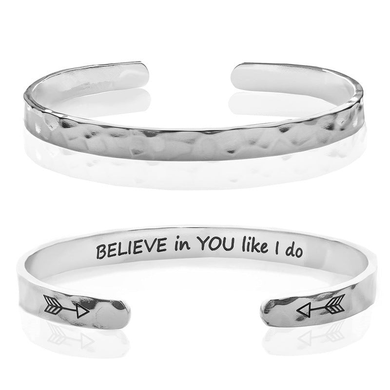 Minimalist Stainless Steel Engraved Open Moon Surface Textured Hammered Bracelet
