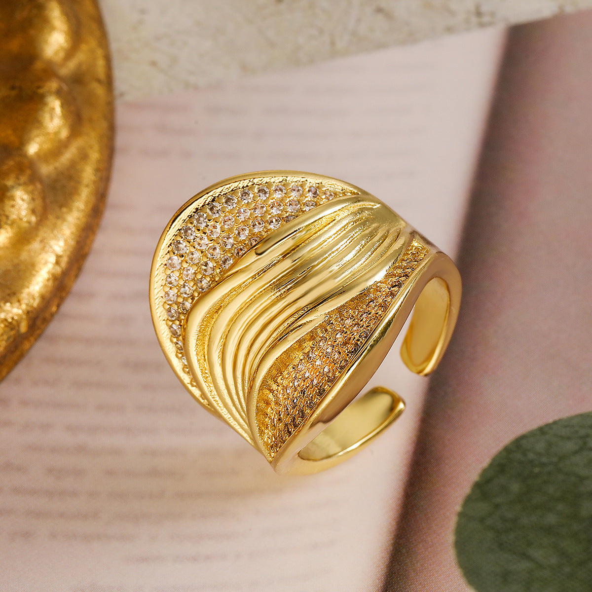 Minimalist Geometric Open Ring for Women in Brass with Real Gold Plating and Zircon Inlay