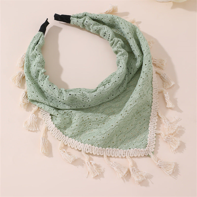 Diadema infantil con estampado floral bohemio con borlas y ribete de encaje en tela