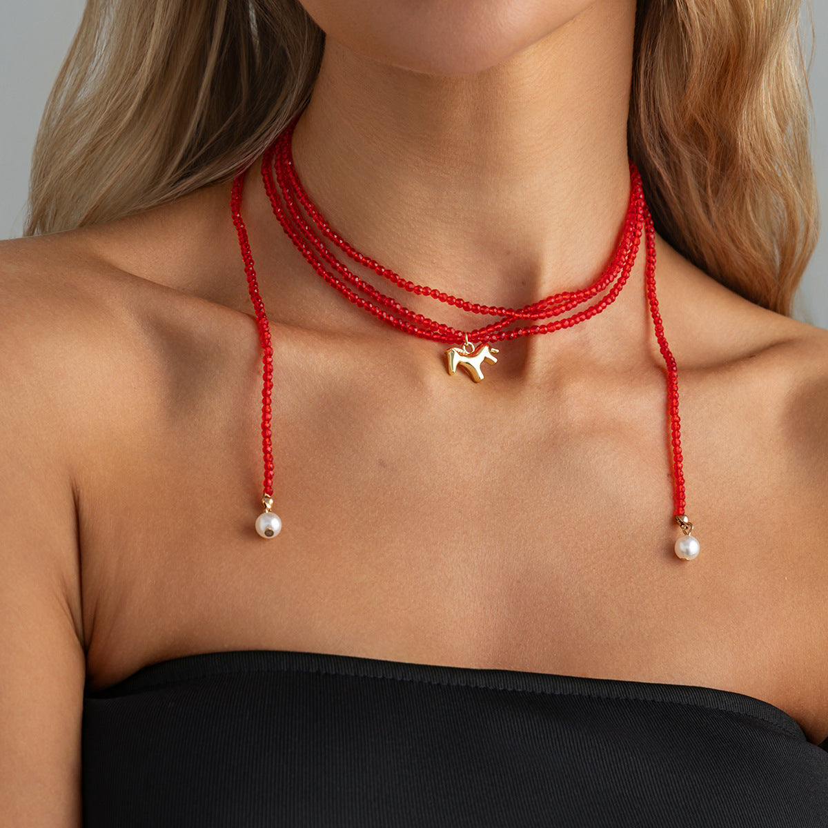 Fashionable Multi-layer Crystal Beaded Necklace with Horse and Pearl Pendant for Women