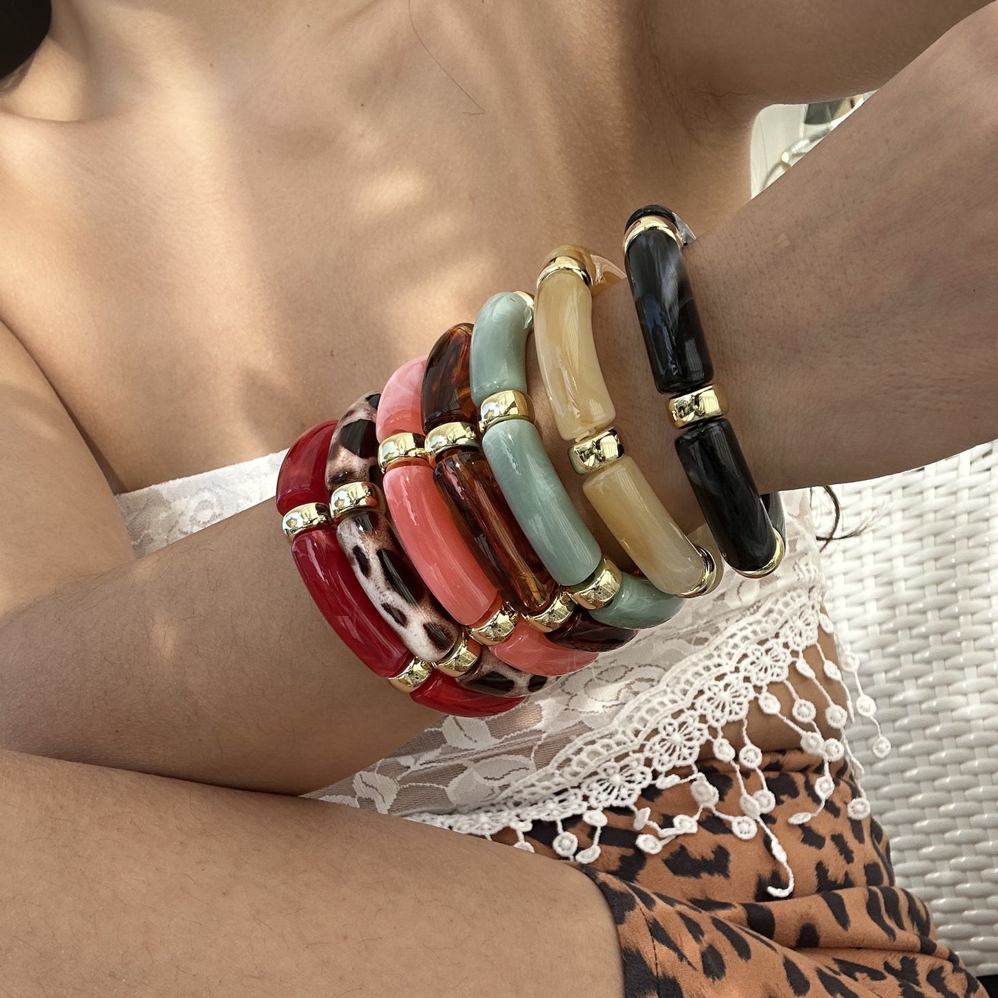 Vintage Minimalist Geometric Resin Plated Bamboo Joint Cuff Bracelet Set