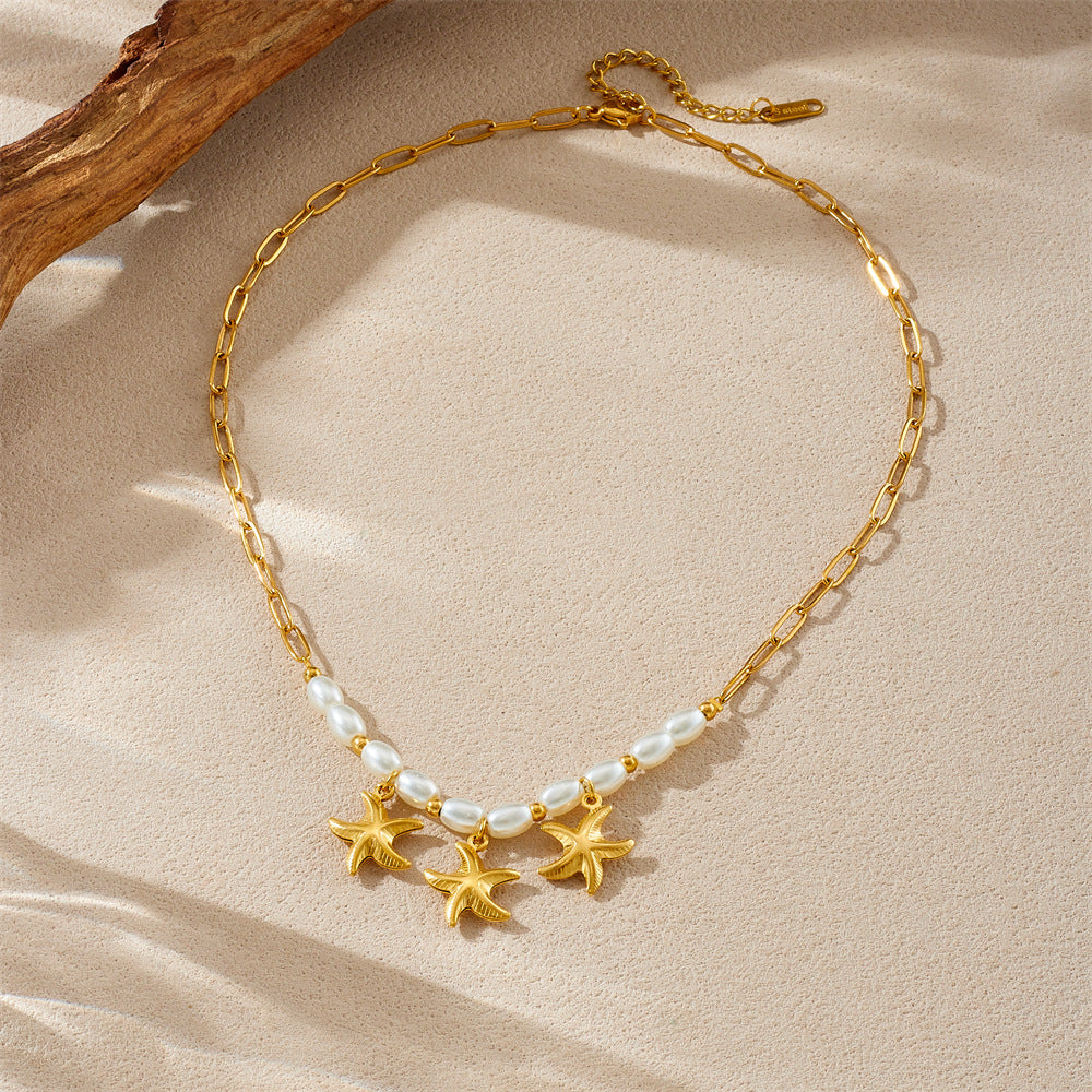 Minimalist Gold Plated Starfish Stainless Steel Necklace with Simulated Pearl Beads for Women
