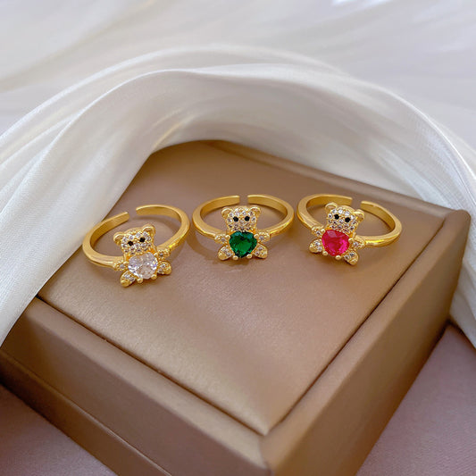 Anillo de latón minimalista con forma de oso e incrustaciones de circonita para mujer, ajustable