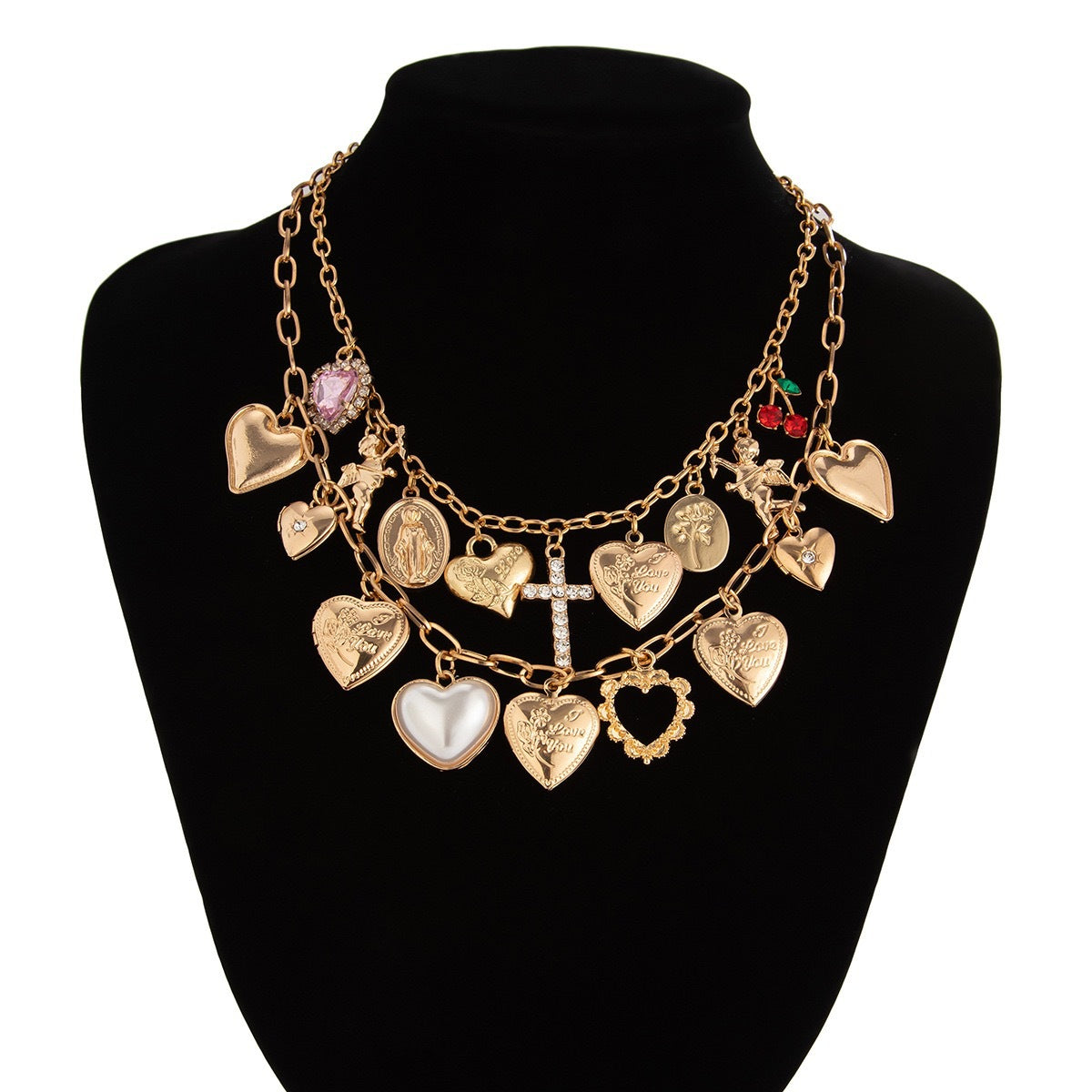 Casual Heart Cross Rhinestone Plated Alloy Necklace Layered Cable Chain for Women