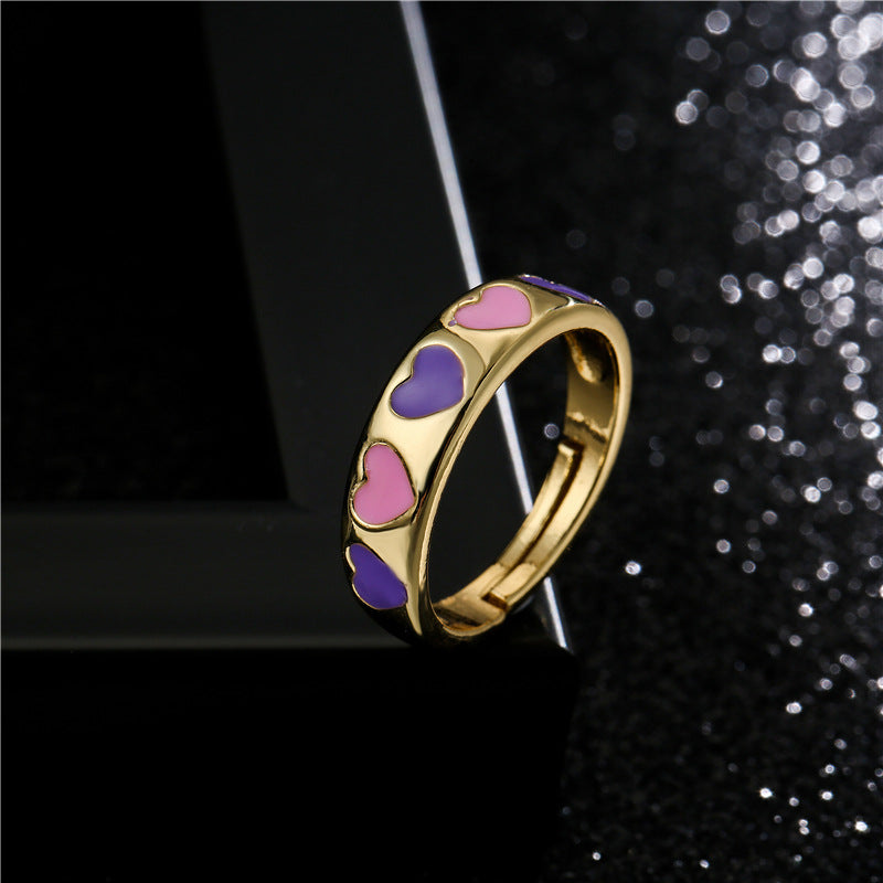 Mixed Color Drip Oil Heart Shaped Brass Ring for Women