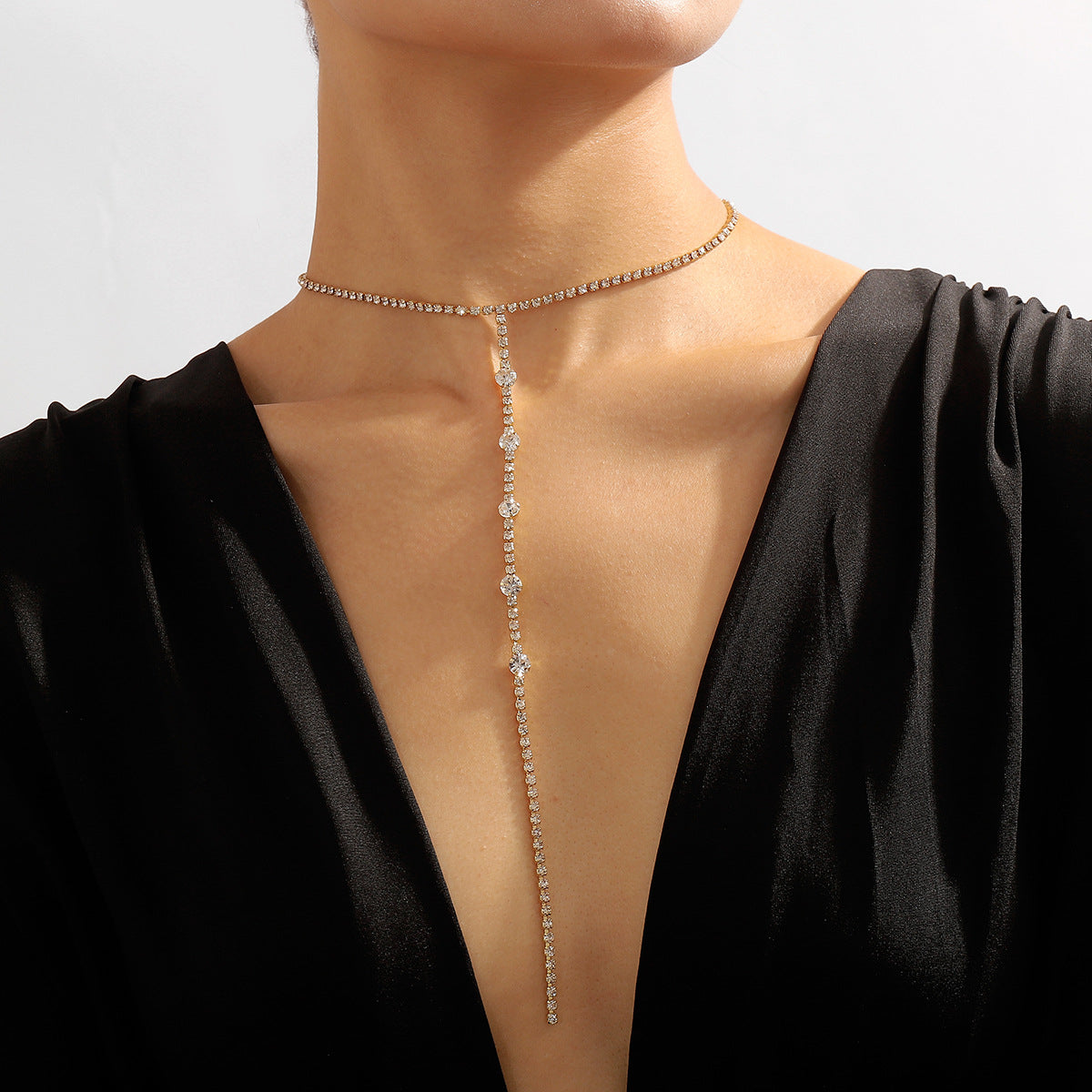 Collar en Y de diamantes de imitación geométricos, dulce y atrevido, con acabado chapado para mujer